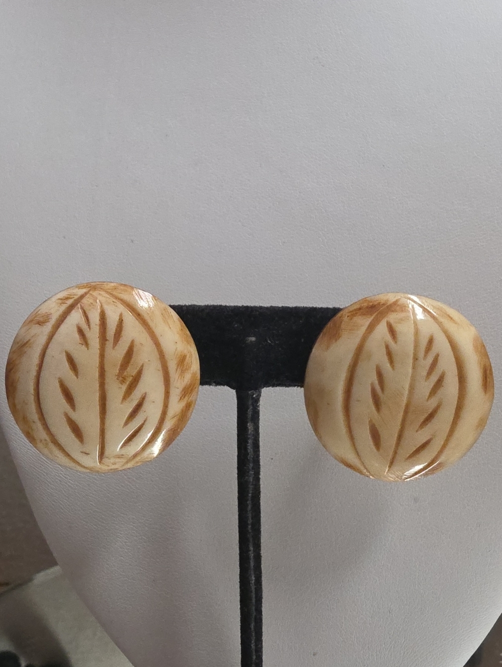 Vintage Hand-Carved  Bone  Leaf Button  Pierced Earrings